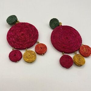 Handwoven Pink and Multicolor Disc Drop Earrings